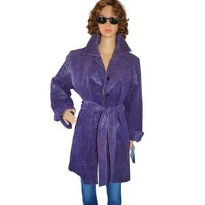 New Jerry Lewis Purple Leather Scale Texture Trench Coat Women Size L y2k Vintag